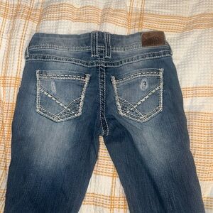 BKE Blue Boot Cut Jeans with Geometric Stitching